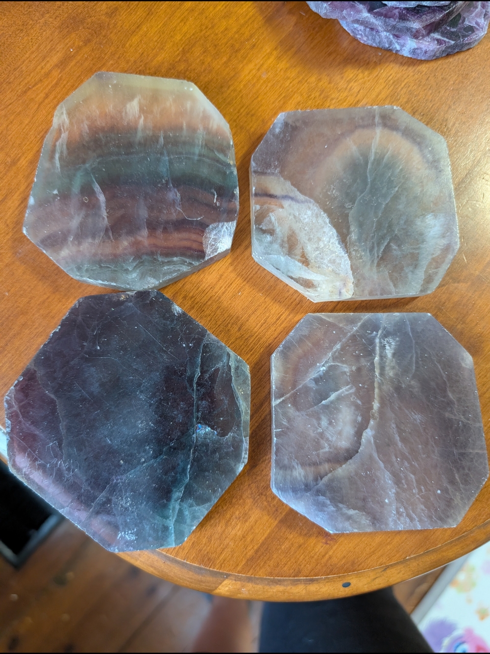 Set of 4 Octagonal Fluorite Stone Coasters - Purple Green Tones